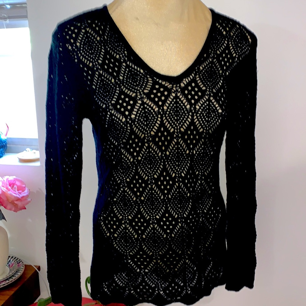 Vintage Cotton Crochet Open Knit Long Sleeve V Neck Summer Sweater